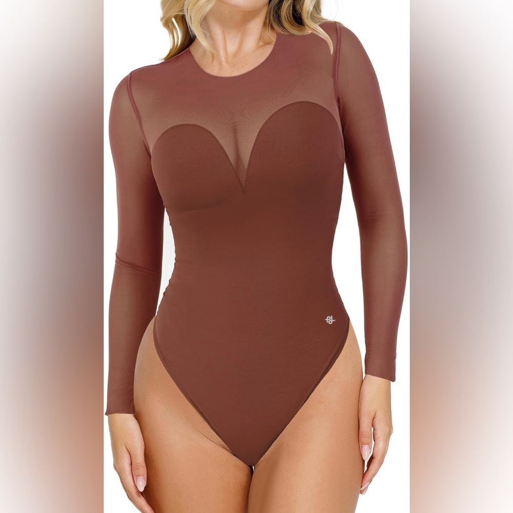 Popilush Long Sleeve Mesh Shapewear Bodysuit for Women Tummy Control Sheer NWT